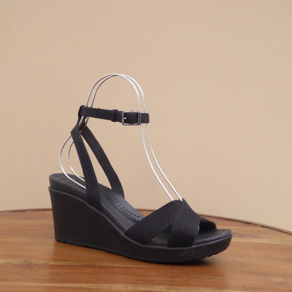 Crocs Womens Leigh II Ankle Strap Wedge Sandals Black Canvas Size 9